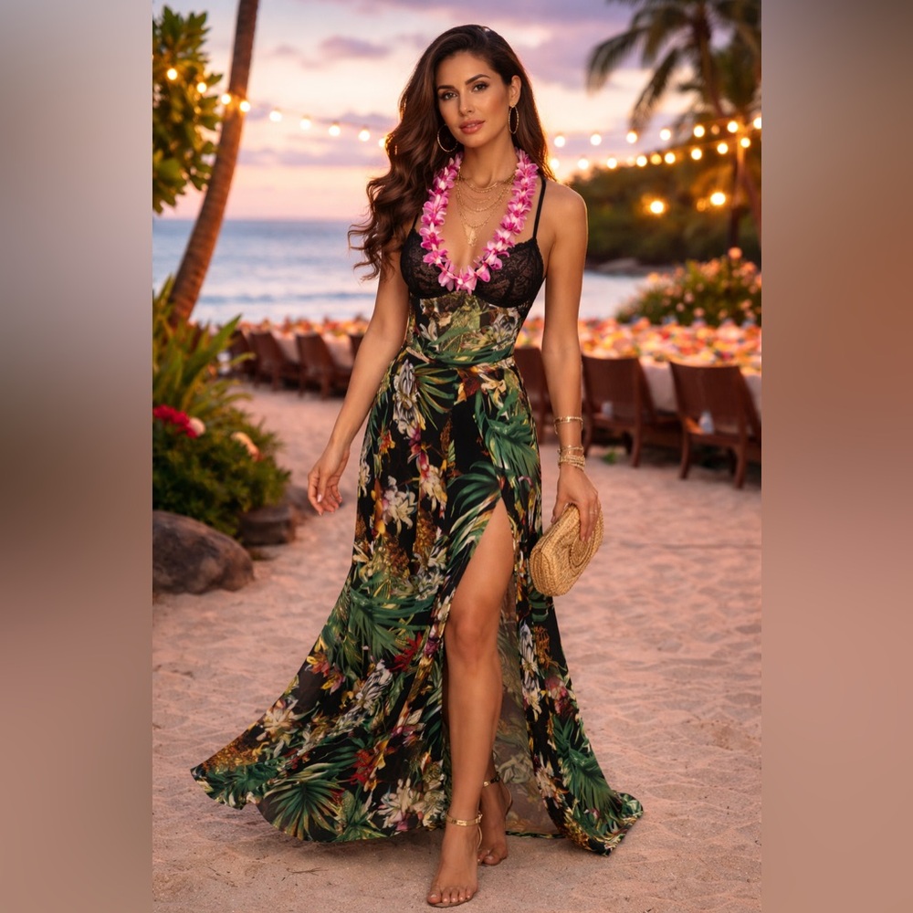 Tropical Print Lace Bodysuit & Slit Maxi Skirt Set | Size L ✨